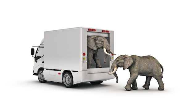 camion delle consegne bianco con un rendering 3d di elefante