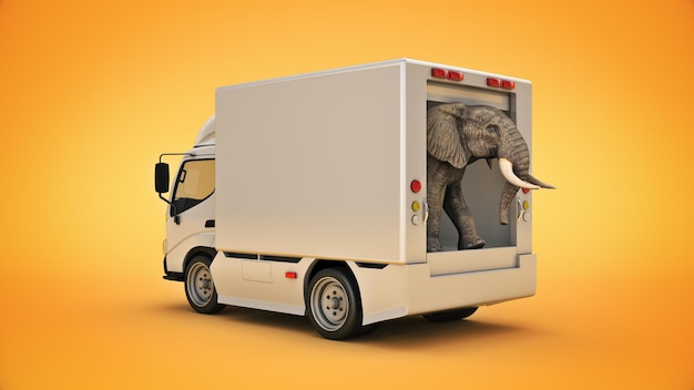 camion delle consegne bianco con un rendering 3d di elefante