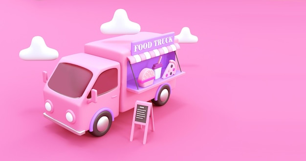 camion di cibo rosa con il cartello camion di cibo su di esso 3d render