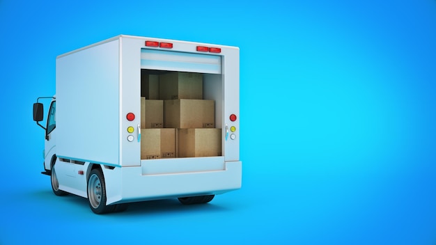 camion di consegna bianco con il rendering 3d di scatole di cartone