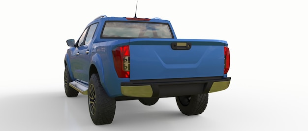 Camion di consegna di veicoli commerciali blu con doppia cabina. Macchina senza insegne con un corpo vuoto pulito per ospitare i tuoi loghi ed etichette. rendering 3D.