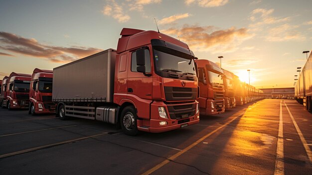 camion di trasporto di merci parcheggiati allineati vista piacevole effetto della luce solare sul camion