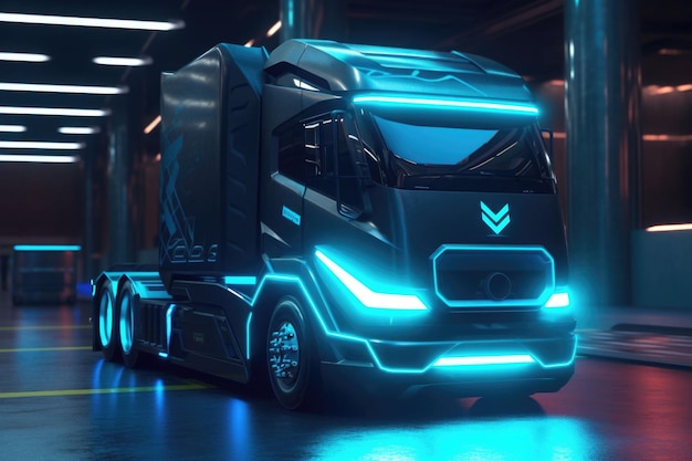 Camion elettrico in un ambiente futuristico Camion con luci al neon AI generativa