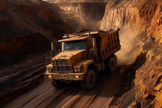 Camion fuori strada al lavoro in una grande zona mineraria AI generativa