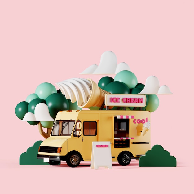 Camion giallo del gelato con il giardino su fondo rosa