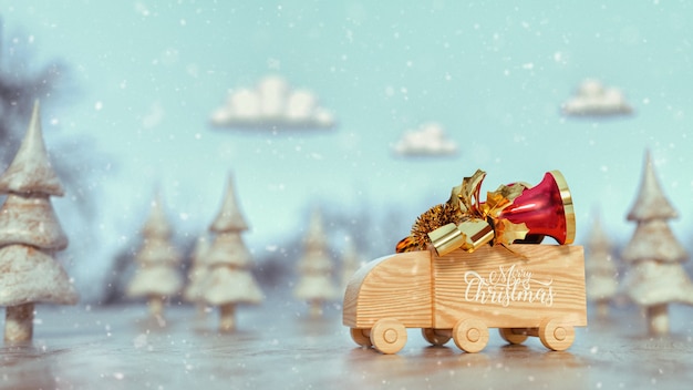 Camion giocattolo in legno Truck Bell in cima. buon Natale. rendering 3D e illustrazione.