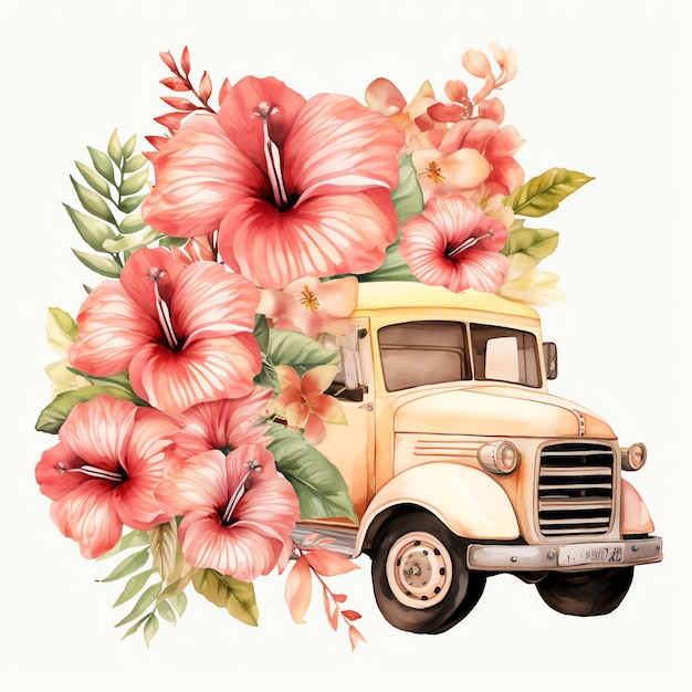 Camion Hibiscus acquerello Cottagecore Tea party in giardino in stile Hawaii