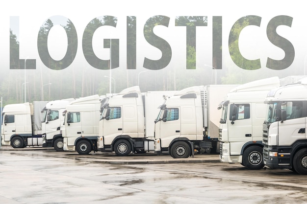 Camion in fila con contenitori nel parcheggio vicino alla foresta Concetto di logistica e trasporto con la parola logistica