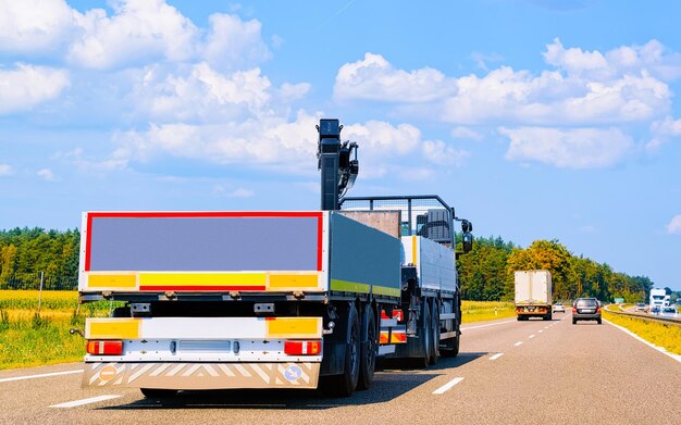 Camion in strada estiva della Polonia. Camionista in autostrada. Camion che fa lavori di logistica. Semirimorchio con conducente. Grande auto da carico. Consegna merci. Industria dell'esportazione dei trasporti. Contenitore con merci