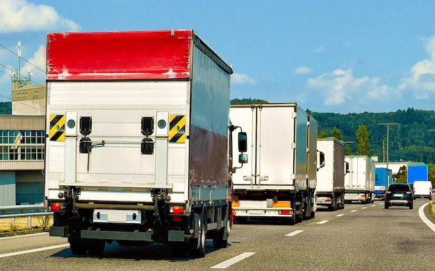 Camion in strada estiva della Svizzera. Camionista in autostrada. Camion che fa lavori di logistica. Semirimorchio con conducente. Grande auto da carico. Consegna merci. Industria dell'esportazione dei trasporti. Contenitore con merci