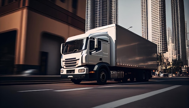 Camion moderno sulla strada di ingresso alla città Sfondo della città con movimento blured