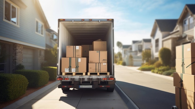 Camion o furgone pieno di scatole di cartone e mobili in movimento per il trasloco e la nuova casa