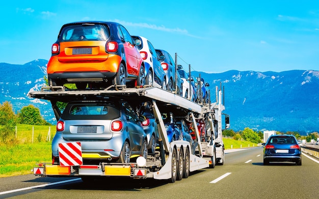 Camion per auto su strada o autostrada della Polonia. Camion trasportatore al lavoro di logistica. Rimorchio con trazione Cargo. Consegna per l'industria dell'esportazione dei trasporti. Trasportatore pesante. Trasportare il veicolo. Autotrasporto.