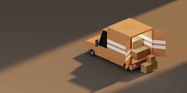 Camion per la consegna del carico con rendering 3d di scatole di cartone