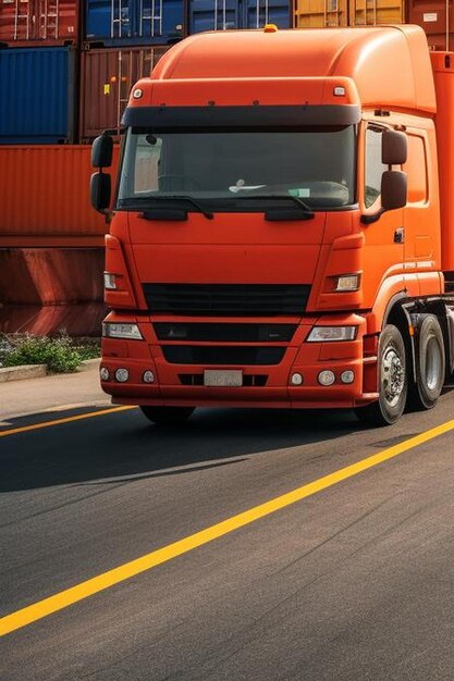 camion portacontainer nel porto della nave per la logistica aziendale e il trasporto di merci con nave portacontainer e