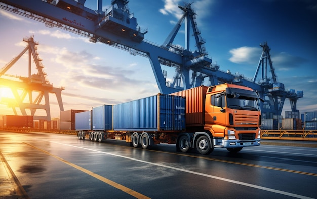 Camion portacontainer nel porto navale per la logistica aziendale e il trasporto di navi portacontainer