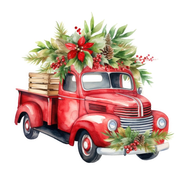 Camion retro rosso natalizio ad acquerello che trasporta decorazioni natalizie