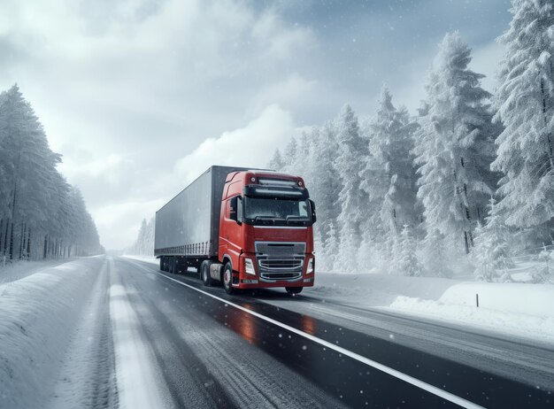 Camion rosso su un'autostrada innevata circondato da una serena foresta coperta di neve sotto un cielo nuvoloso