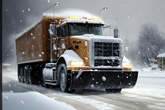 Camion spazzaneve che pulisce la strada innevata durante la tempesta di neve Nevicata sul vialetto Arte generata dalla rete neurale