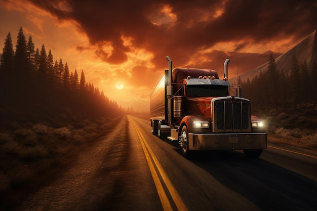 Camion su strada al tramonto