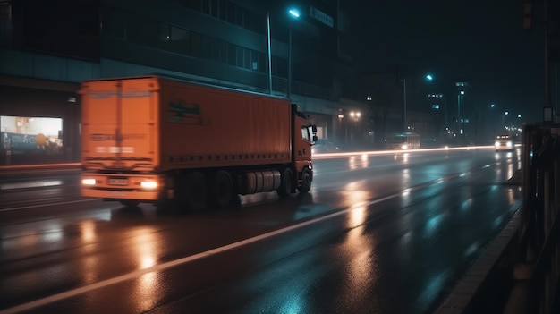 Camion su strada con sfocatura di movimento in città di notte IA generativa