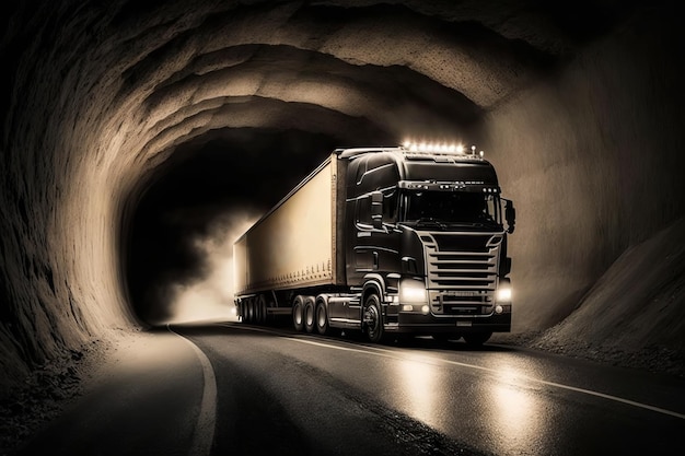 Camion su strada nel tunnel Concetto di trasporto merci IA generativa