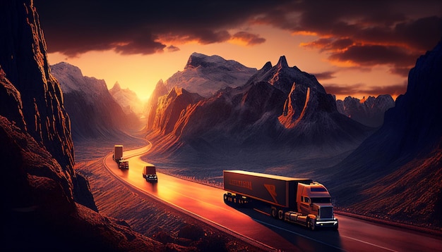 Camion su un'autostrada di montagna al tramonto IA generativa