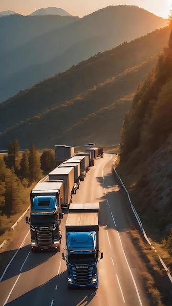 Camion su un'autostrada in montagna al tramonto
