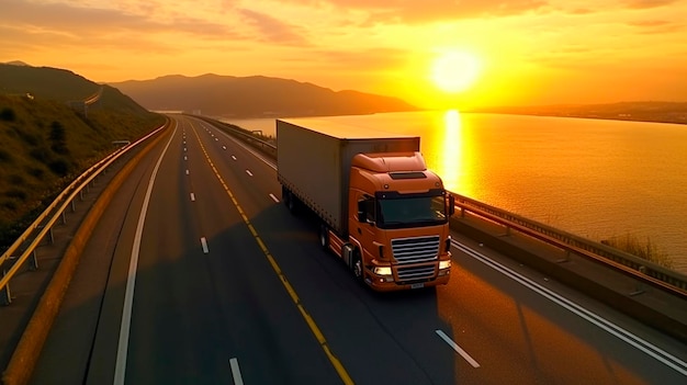 Camion sulla pista autostrada all'alba o al tramonto l'auto fa il trasporto internazionale di merci AI generativa