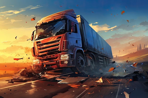 Camion sulla strada al tramonto Illustrazione di un camion sulla strada Incidente automobilistico con un camion TIR su strada Generato dall'intelligenza artificiale