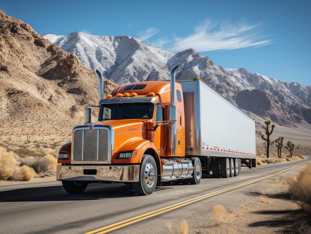 Camioncino arancione che guida nel deserto