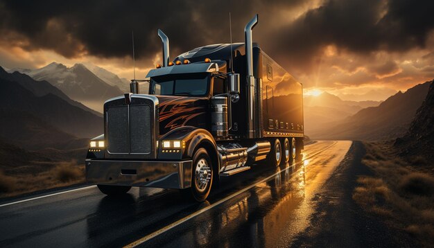 Camionista che consegna merci su autostrada a più corsie al tramonto generato dall'intelligenza artificiale