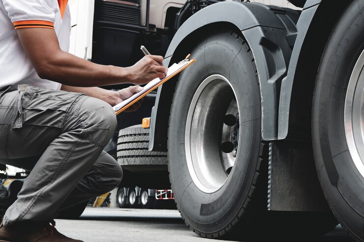 camionista che controlla la lista di controllo dei dettagli di sicurezza delle gomme del camion.