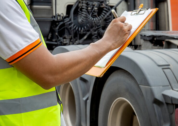 camionista sta scrivendo negli appunti con ispezionando i camion.