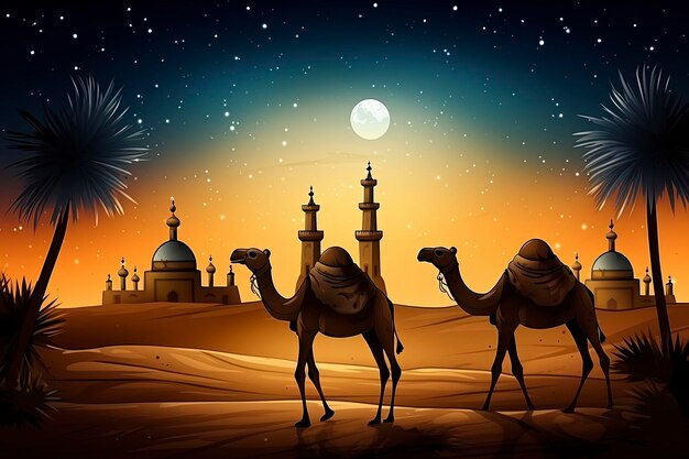cammelli che camminano nel deserto sullo sfondo di una moschea di notte decorata con la luna e s
