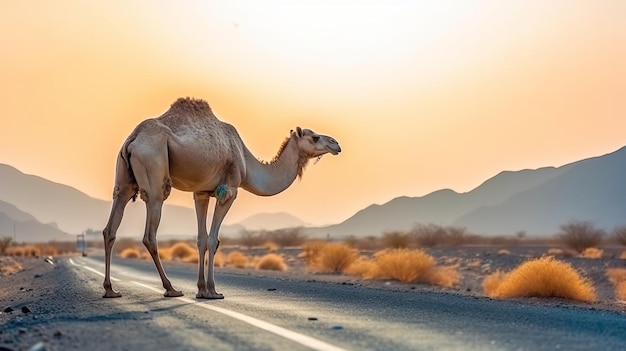 Cammello che attraversa la strada del deserto al tramonto con campagna arida siccità