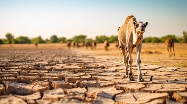 Cammello che attraversa la strada del deserto al tramonto con campagna arida siccità