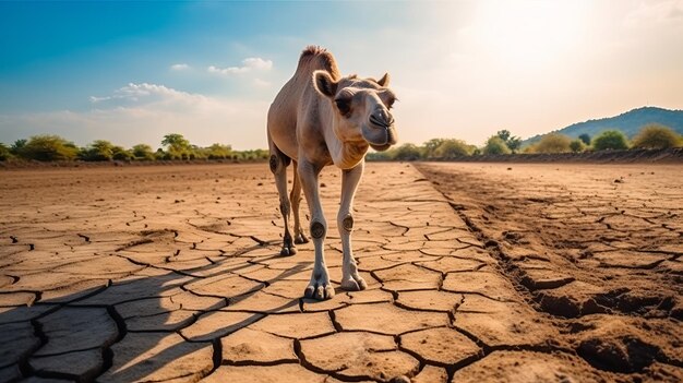 Cammello che attraversa la strada del deserto al tramonto con campagna arida siccità