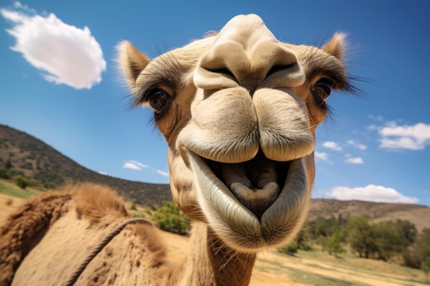 Cammello da vicino con una faccia buffa sullo sfondo del campo e del cielo nuvoloso