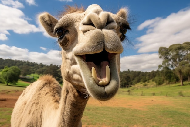 Cammello da vicino con una faccia buffa sullo sfondo del campo e del cielo