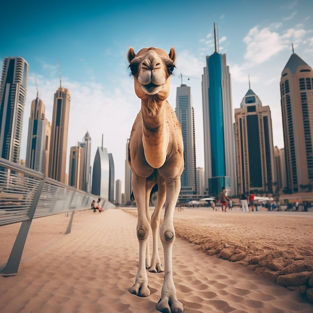 Cammello nella sabbia di fronte alla Marina di Dubai