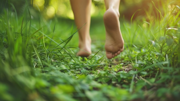 Cammina a piedi nudi su un'erba verde lussureggiante con la luce del sole che filtra attraverso