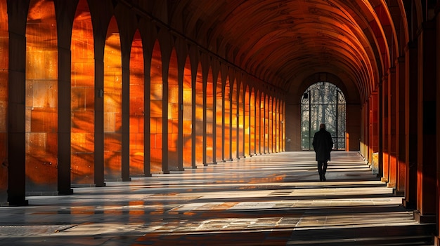 Camminando lungo un corridoio arancione con griglie architettoniche