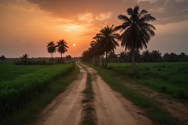 Camminando lungo una strada con palme su ogni lato e il tramonto mozzafiato in lontananza