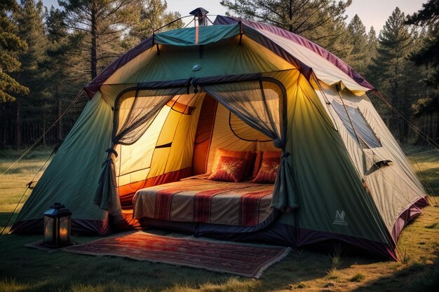 Camminare all'aperto in tenda viaggiare rilassarsi riposare allestire la tenda nella foresta