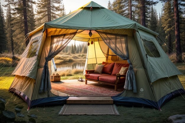 Camminare all'aperto in tenda viaggiare rilassarsi riposare allestire la tenda nella foresta