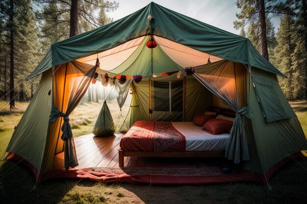 Camminare all'aperto in tenda viaggiare rilassarsi riposare allestire la tenda nella foresta