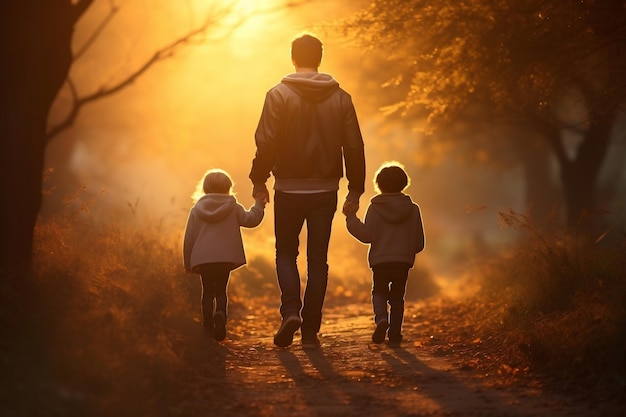 Camminare alla luce del sole Uomo che passeggia con i suoi figli su un sentiero IA generativa