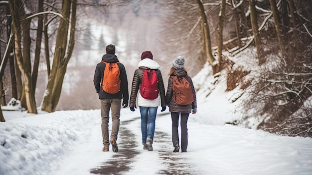 Camminare con gli amici attraverso la foresta invernale