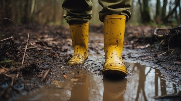 camminare con stivali di gomma gialli attraverso pozzanghere e fango